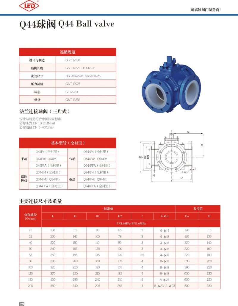 Q44衬氟三通球阀参数图
